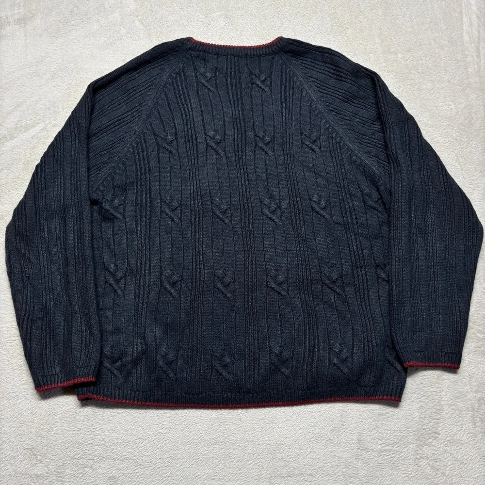 Vintage Woods & Gray Sweater Mens Large Cable Knit Navy Blue Burgundy Trim